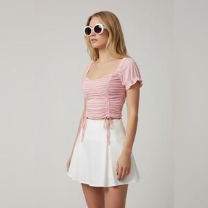 Pink‎ Ruched Crop Top Medium Coquette Sweetheart Neck Tie Detail Short Sleeve
